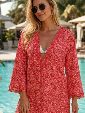 Saint Tropez West Coral Printed Embroidered Tunic Cover-Up Size L